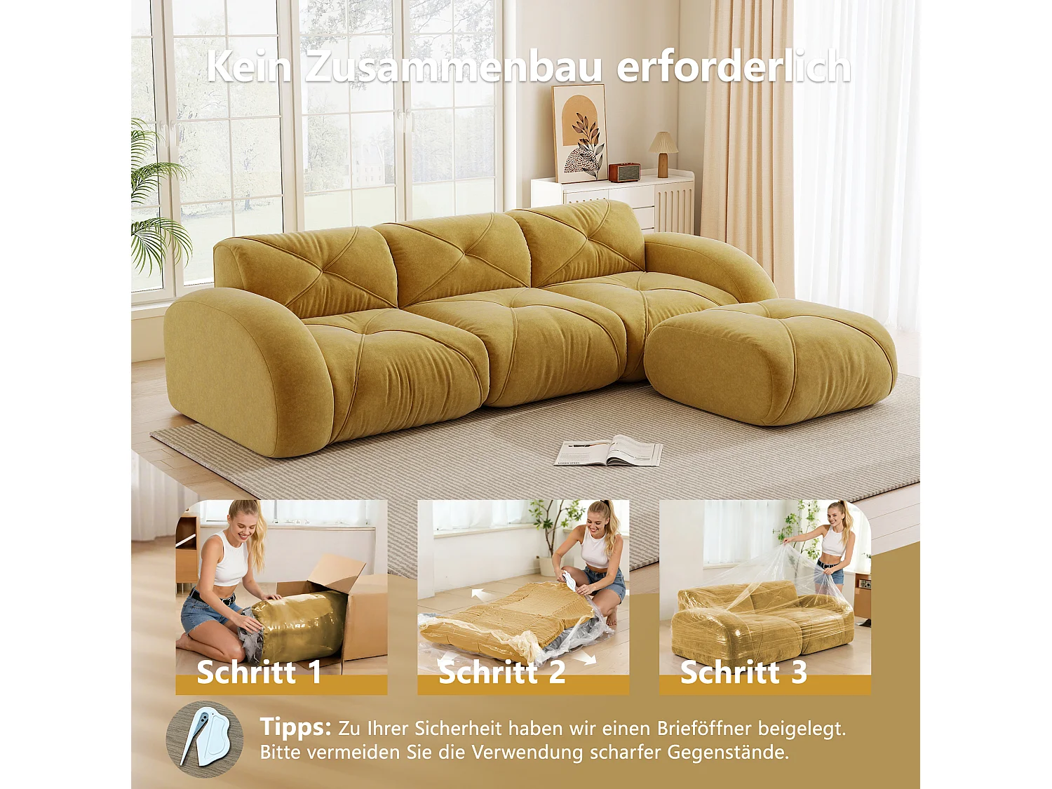 Canapé d'Angle Modulaire 3 Places avec Pouf en Chenille, Design Minimaliste sans Cadre, Assise Profonde et Flexible - Jaune