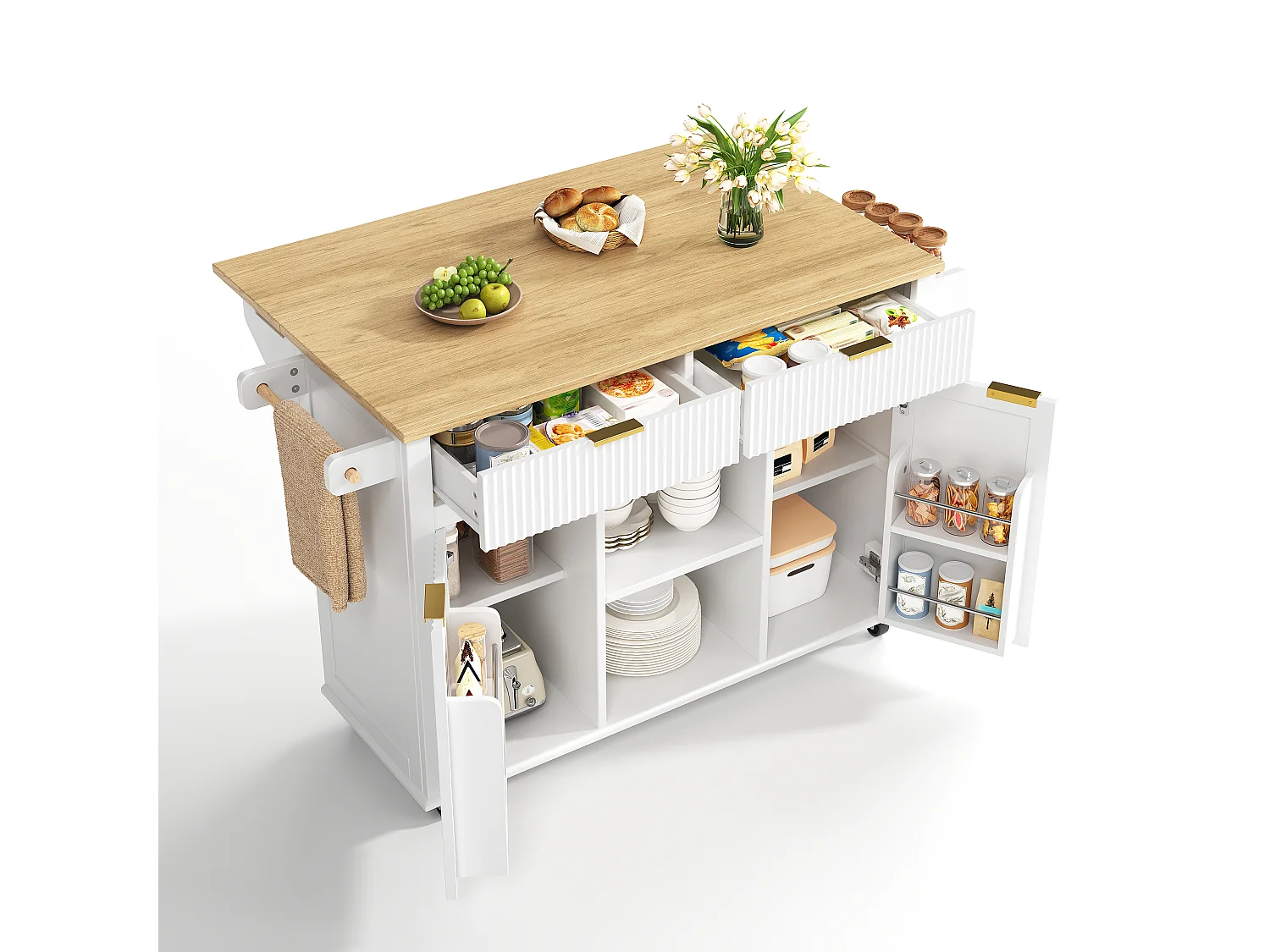 Isola centrale da cucina - tavolo da pranzo pieghevole - con 2 ante e 2 cassetti - portacondimenti e portasciugamani - Bianco