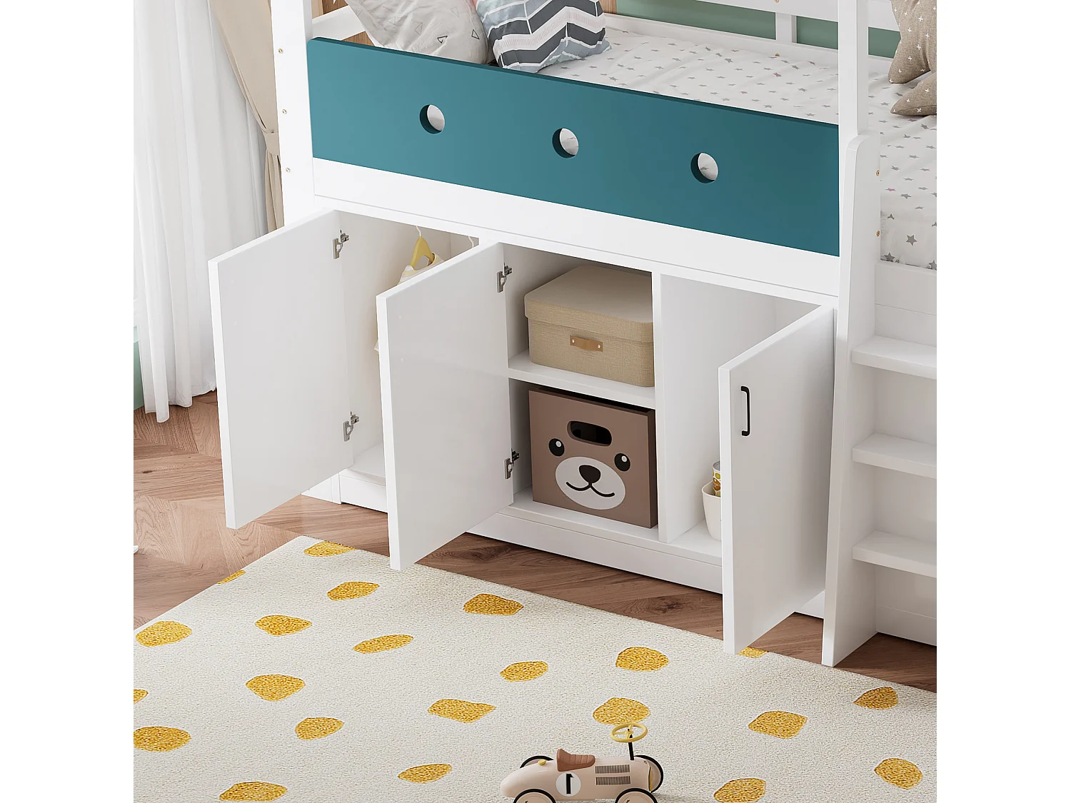 Lit mezzanine enfant 90x200 cm - comprend des casiers et une échelle - aire de jeux intégrée - Bois massif + MDF - Blanc (sans matelas)