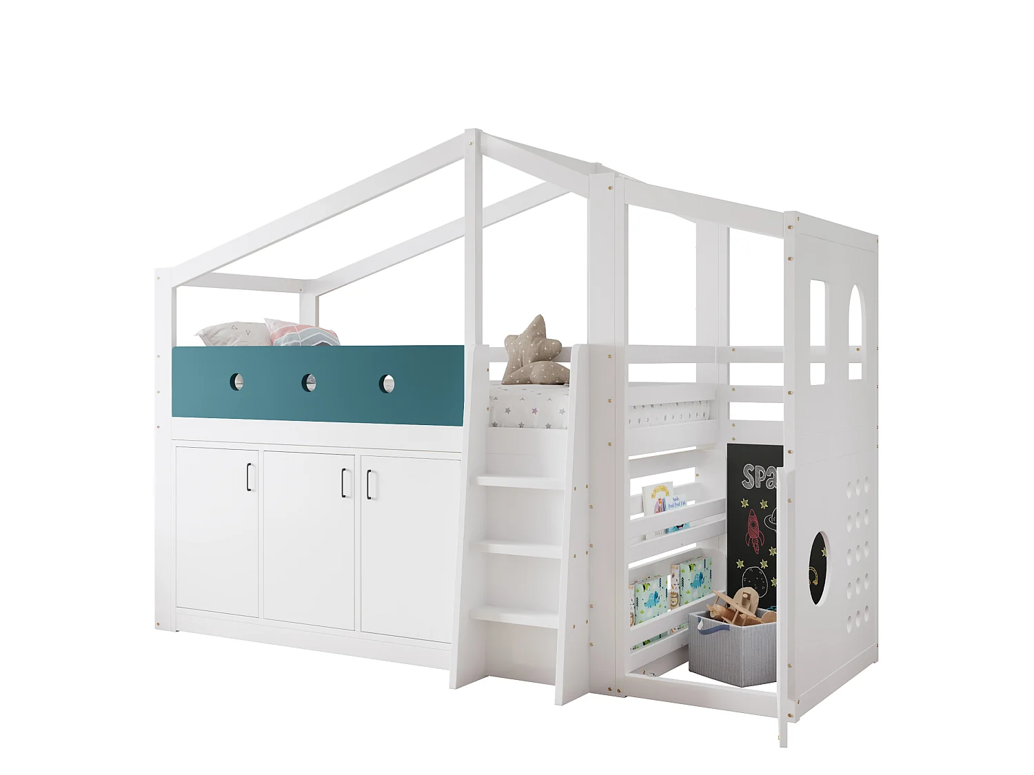 Lit mezzanine enfant 90x200 cm - comprend des casiers et une échelle - aire de jeux intégrée - Bois massif + MDF - Blanc (sans matelas)