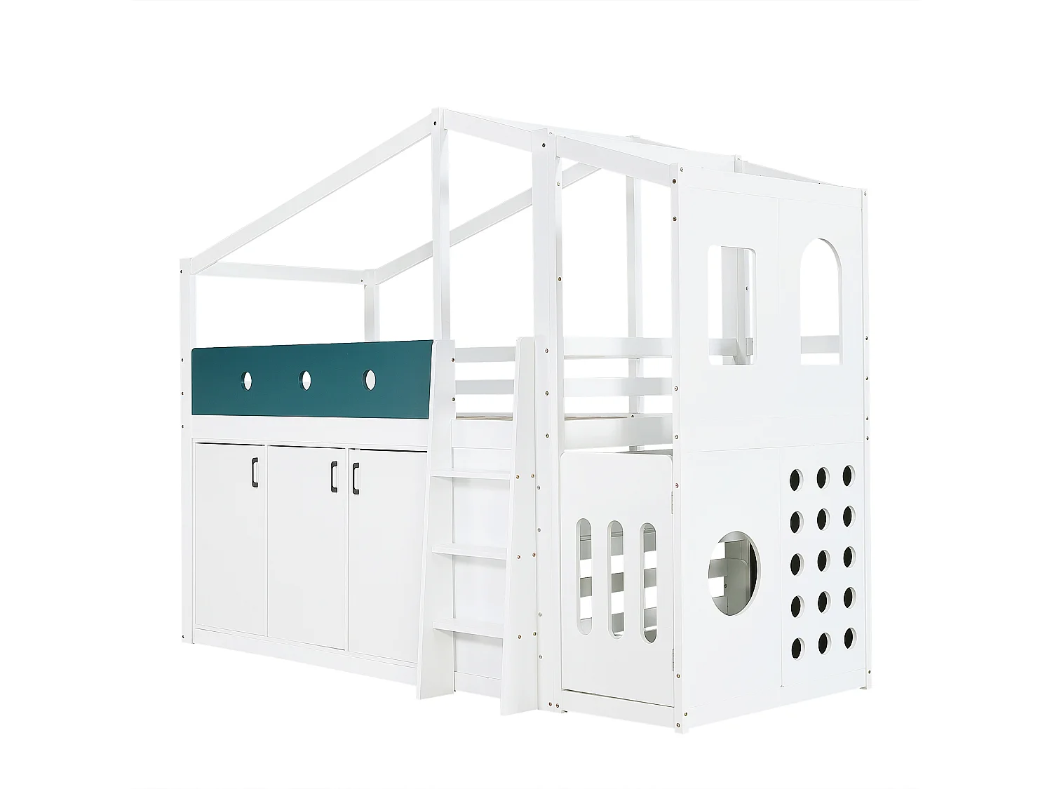 Lit mezzanine enfant 90x200 cm - comprend des casiers et une échelle - aire de jeux intégrée - Bois massif + MDF - Blanc (sans matelas)