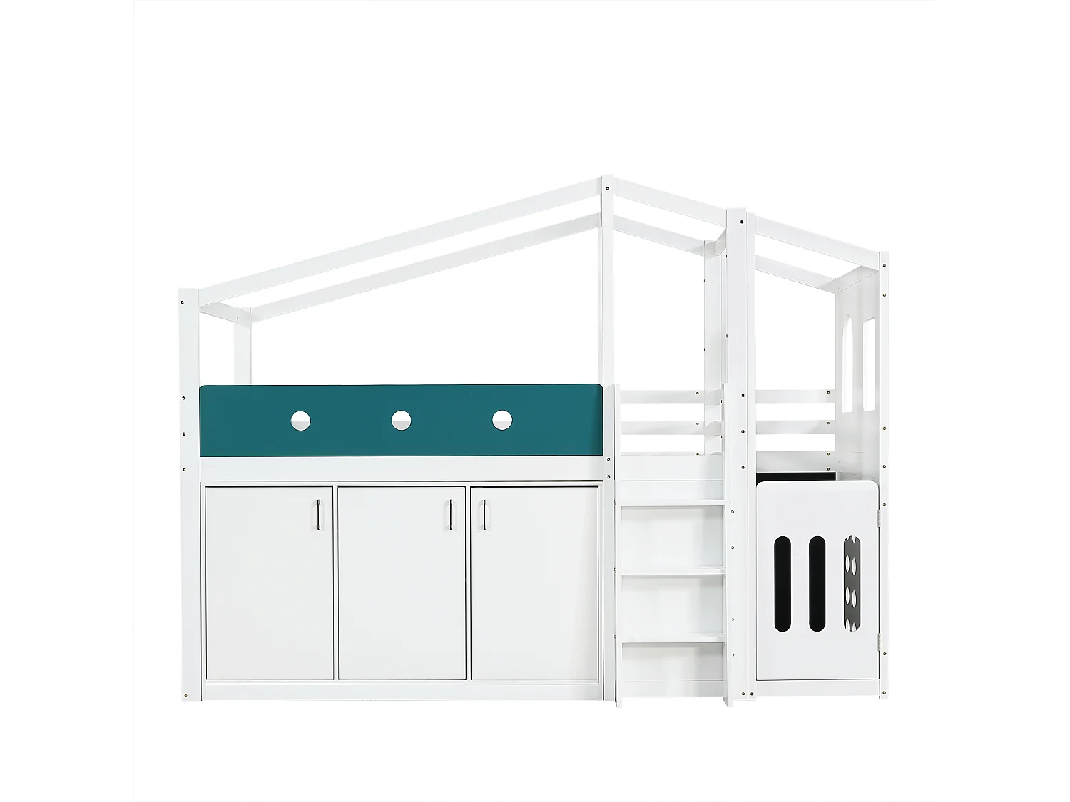 Lit mezzanine enfant 90x200 cm - comprend des casiers et une échelle - aire de jeux intégrée - Bois massif + MDF - Blanc (sans matelas)