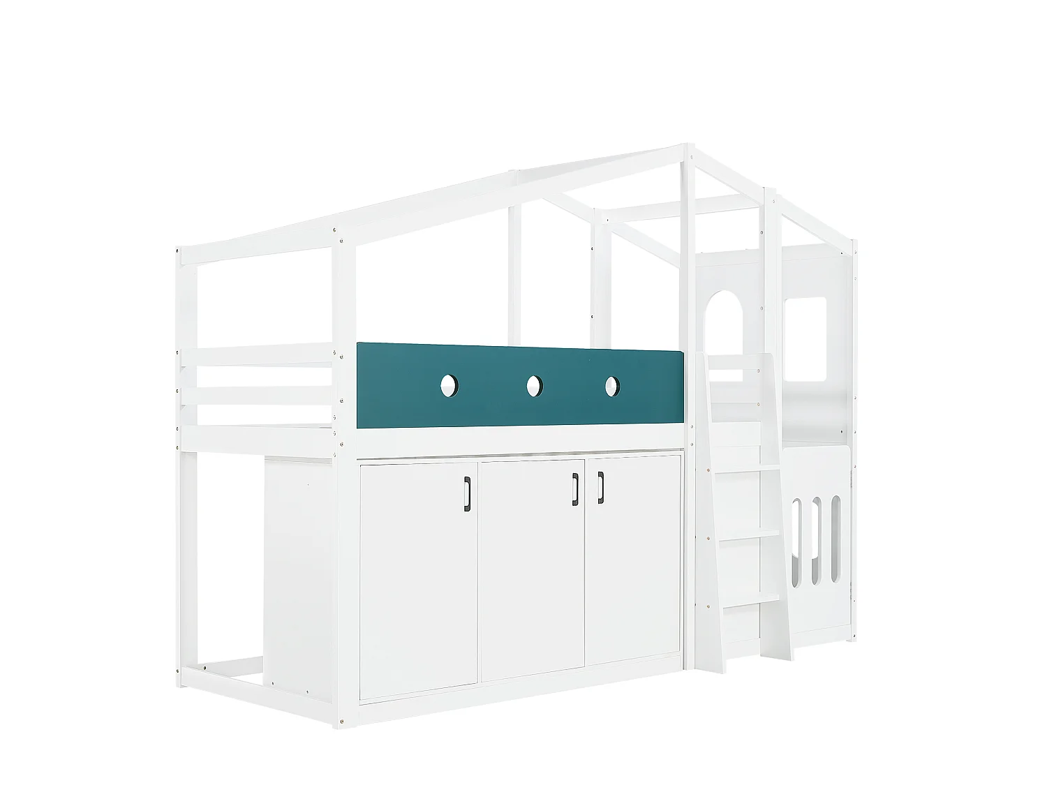 Lit mezzanine enfant 90x200 cm - comprend des casiers et une échelle - aire de jeux intégrée - Bois massif + MDF - Blanc (sans matelas)