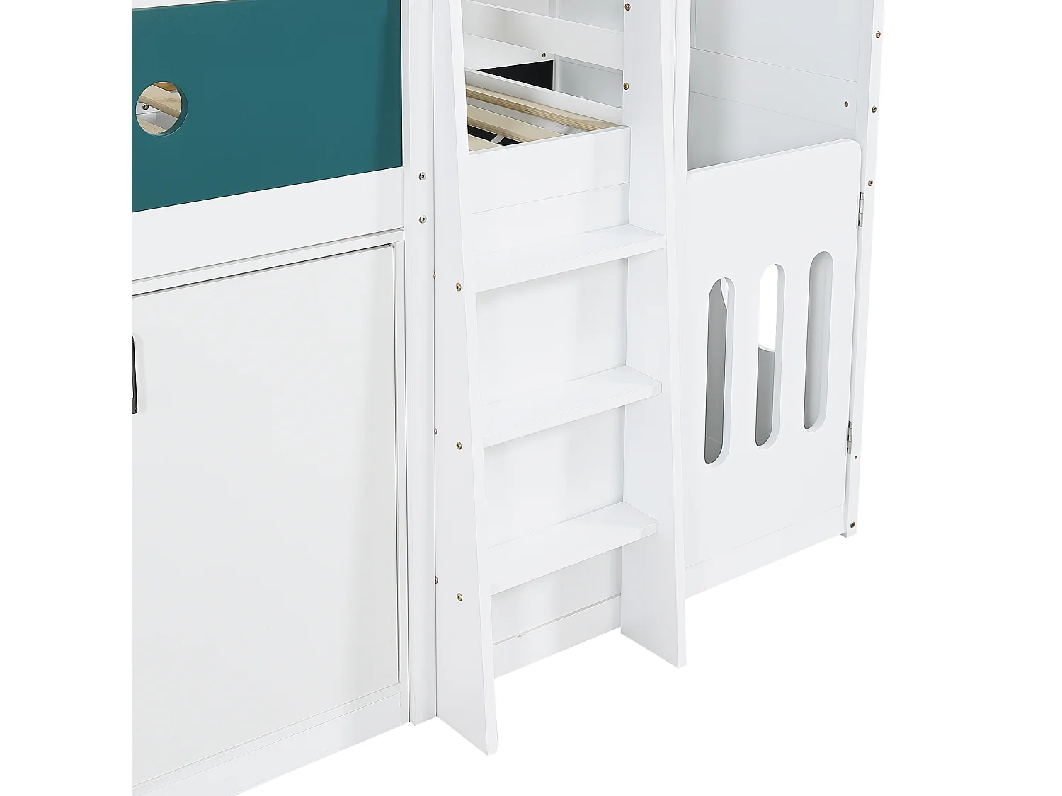 Lit mezzanine enfant 90x200 cm - comprend des casiers et une échelle - aire de jeux intégrée - Bois massif + MDF - Blanc (sans matelas)