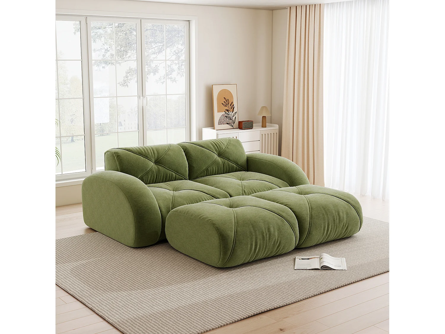 Canapé 2 Places Modulaire avec 2 Poufs en Chenille, Design Minimaliste sans Cadre, Assise Profonde et Flexible - Vert