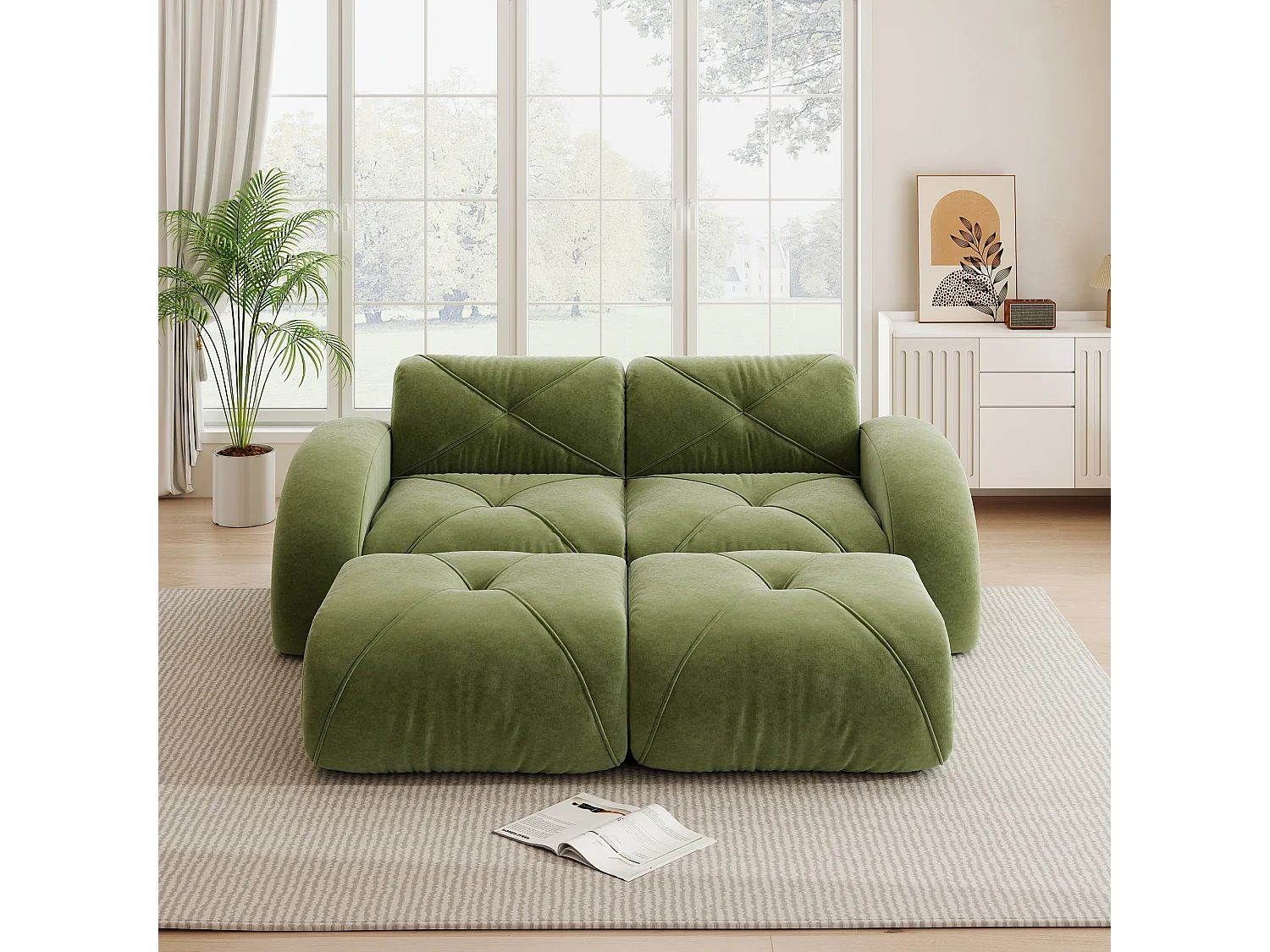 Canapé 2 Places Modulaire avec 2 Poufs en Chenille, Design Minimaliste sans Cadre, Assise Profonde et Flexible - Vert
