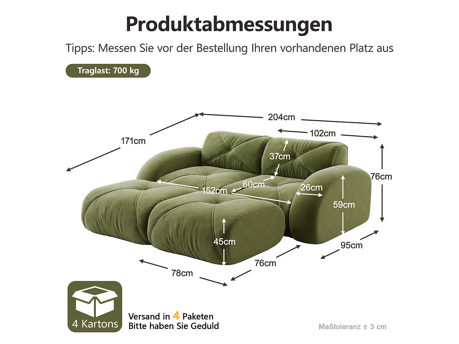 Canapé 2 Places Modulaire avec 2 Poufs en Chenille, Design Minimaliste sans Cadre, Assise Profonde et Flexible - Vert
