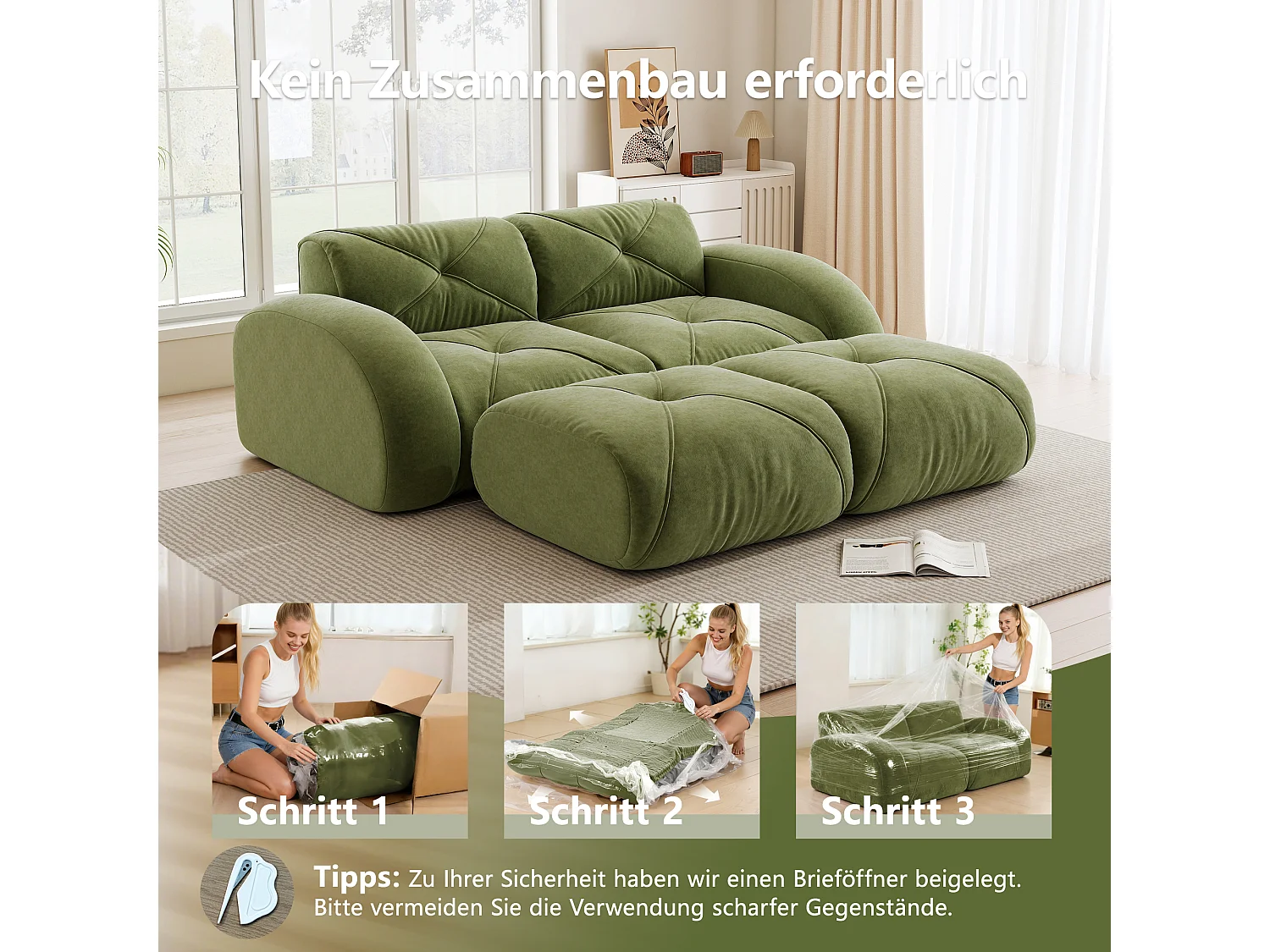 Canapé 2 Places Modulaire avec 2 Poufs en Chenille, Design Minimaliste sans Cadre, Assise Profonde et Flexible - Vert