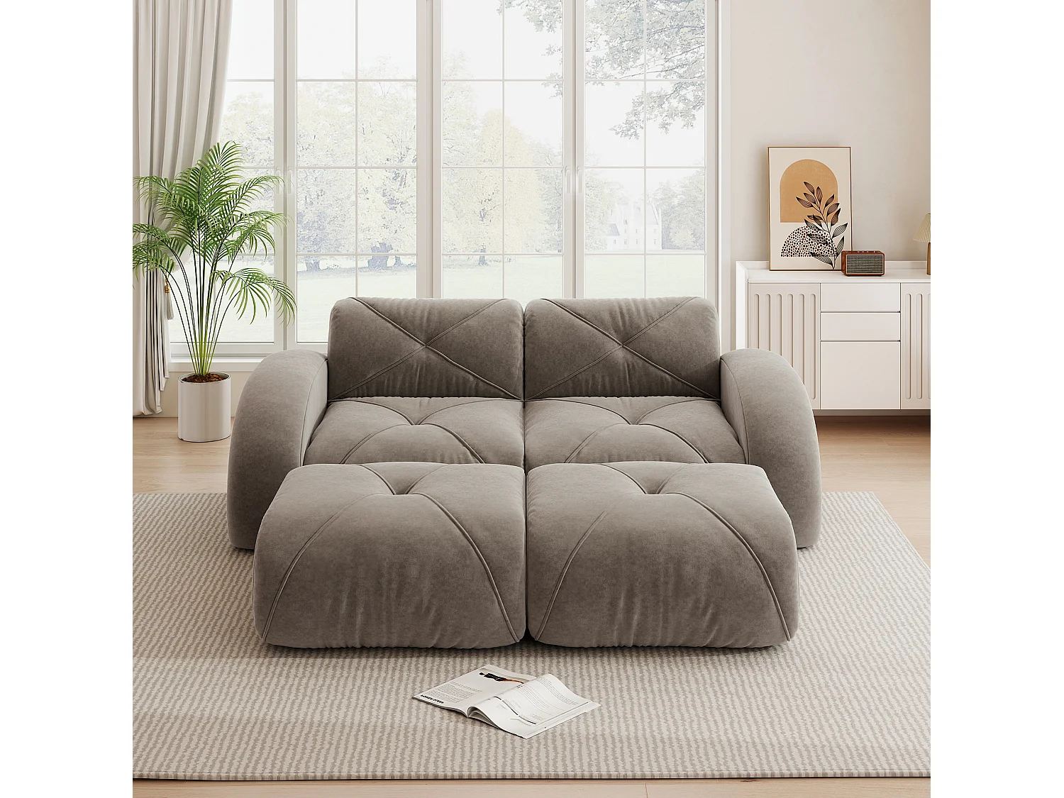 Canapé 2 Places Modulaire avec 2 Poufs en Chenille, Design Minimaliste sans Cadre, Assise Profonde et Flexible - Marron