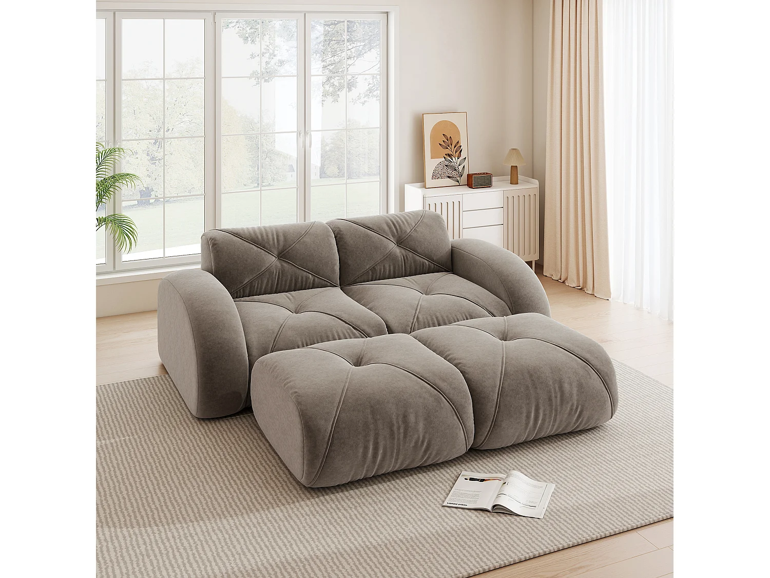 Canapé 2 Places Modulaire avec 2 Poufs en Chenille, Design Minimaliste sans Cadre, Assise Profonde et Flexible - Marron