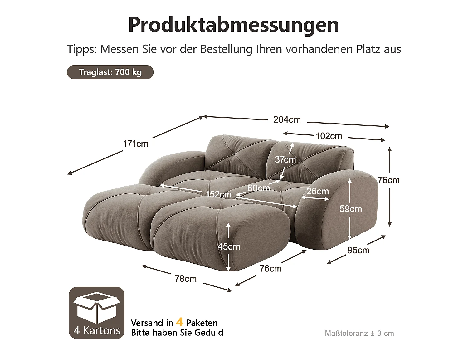 Canapé 2 Places Modulaire avec 2 Poufs en Chenille, Design Minimaliste sans Cadre, Assise Profonde et Flexible - Marron