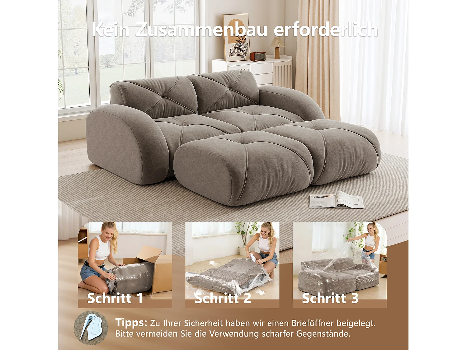 Canapé 2 Places Modulaire avec 2 Poufs en Chenille, Design Minimaliste sans Cadre, Assise Profonde et Flexible - Marron
