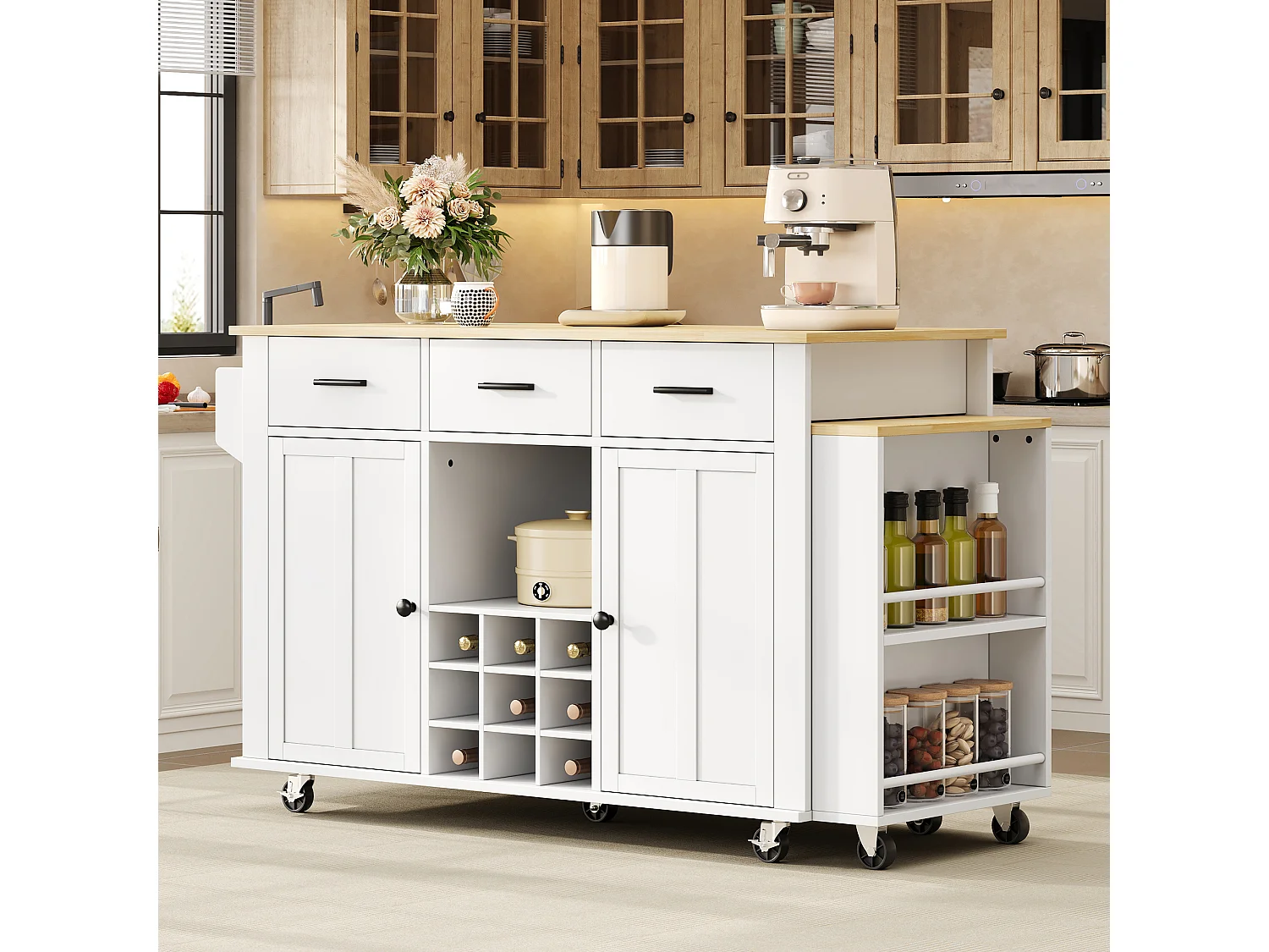 Îlot central de cuisine mobile - table à manger extensible - avec 2 portes et 3 tiroirs - prise de courant avec port USB - Blanc