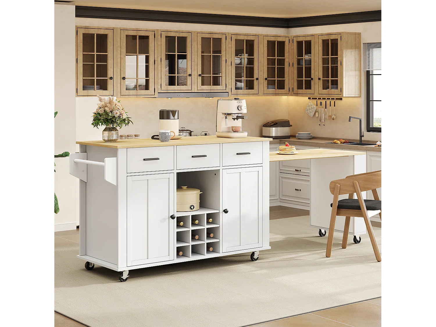 Îlot central de cuisine mobile - table à manger extensible - avec 2 portes et 3 tiroirs - prise de courant avec port USB - Blanc