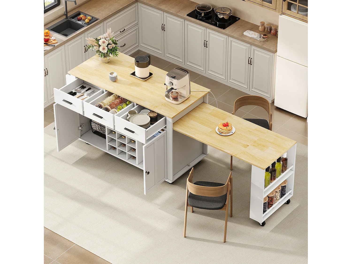 Îlot central de cuisine mobile - table à manger extensible - avec 2 portes et 3 tiroirs - prise de courant avec port USB - Blanc