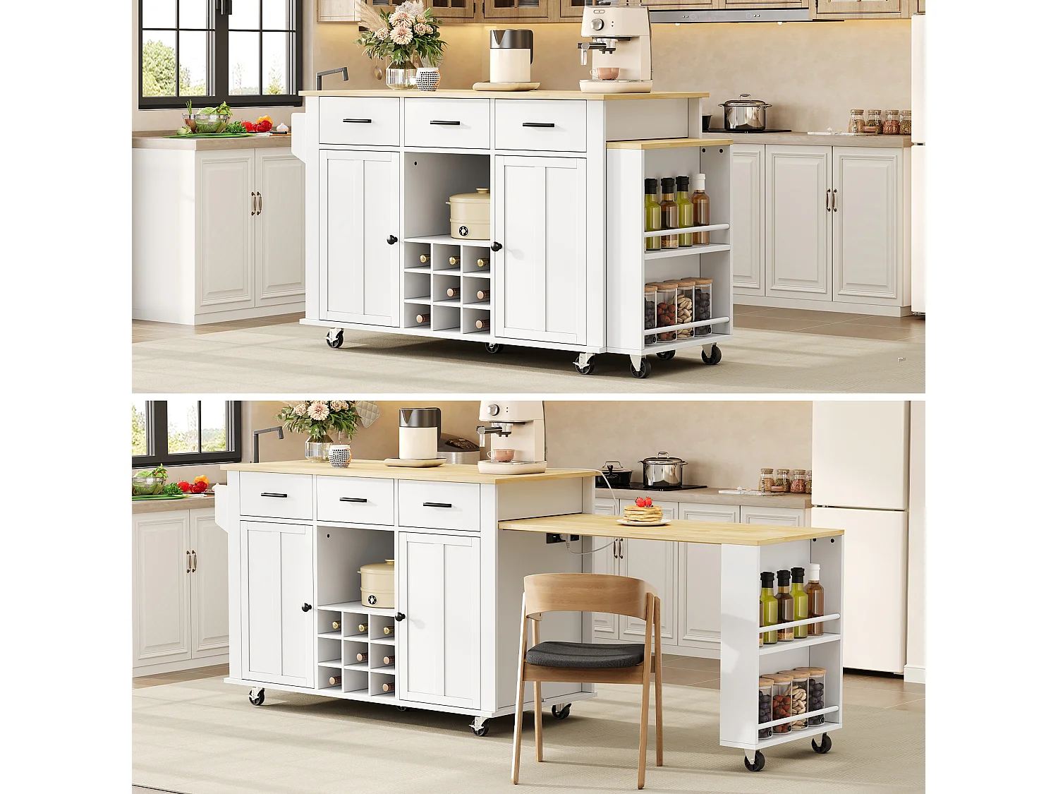 Îlot central de cuisine mobile - table à manger extensible - avec 2 portes et 3 tiroirs - prise de courant avec port USB - Blanc