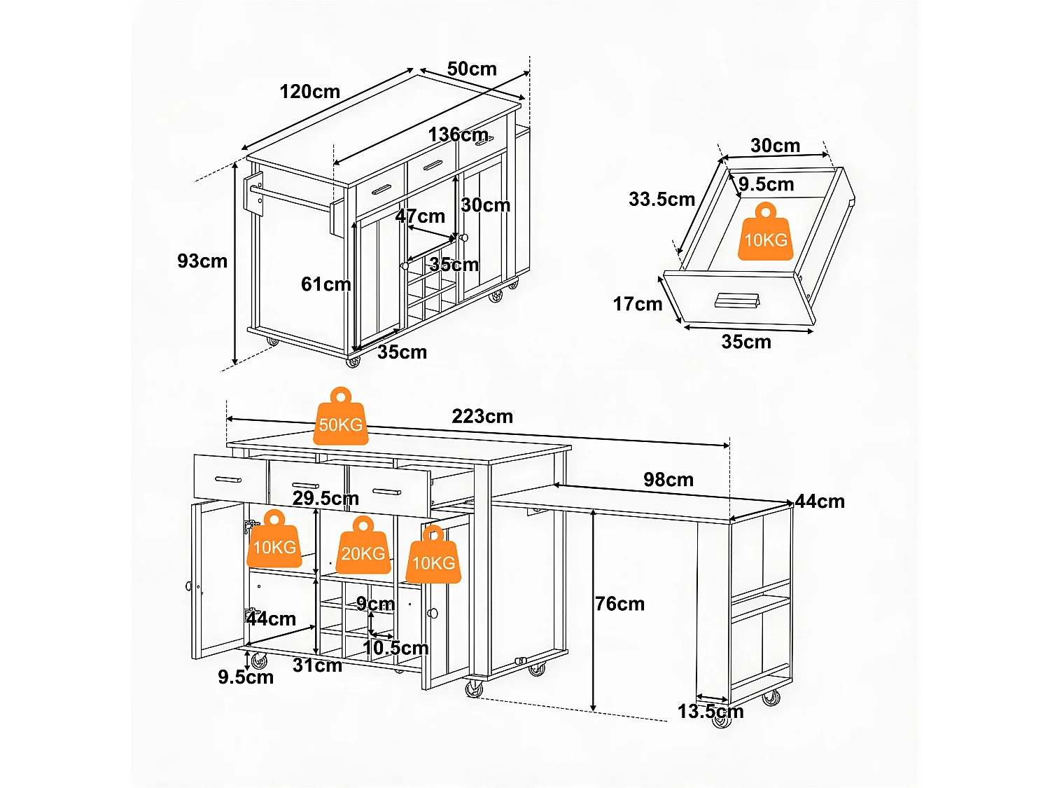 Îlot central de cuisine mobile - table à manger extensible - avec 2 portes et 3 tiroirs - prise de courant avec port USB - Blanc
