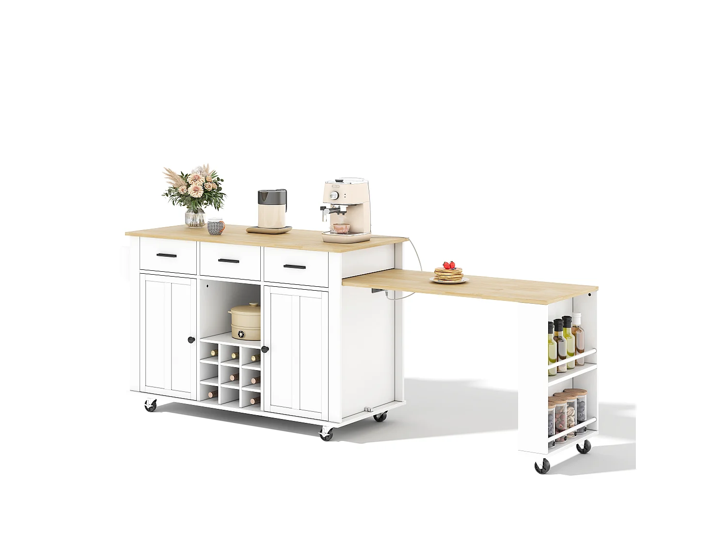 Îlot central de cuisine mobile - table à manger extensible - avec 2 portes et 3 tiroirs - prise de courant avec port USB - Blanc