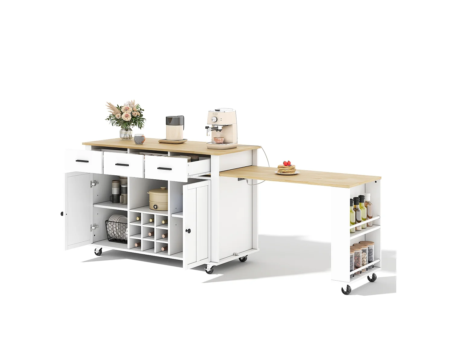 Îlot central de cuisine mobile - table à manger extensible - avec 2 portes et 3 tiroirs - prise de courant avec port USB - Blanc