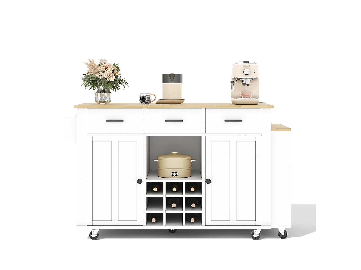 Îlot central de cuisine mobile - table à manger extensible - avec 2 portes et 3 tiroirs - prise de courant avec port USB - Blanc