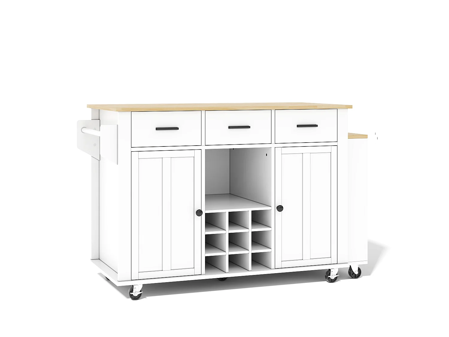Îlot central de cuisine mobile - table à manger extensible - avec 2 portes et 3 tiroirs - prise de courant avec port USB - Blanc