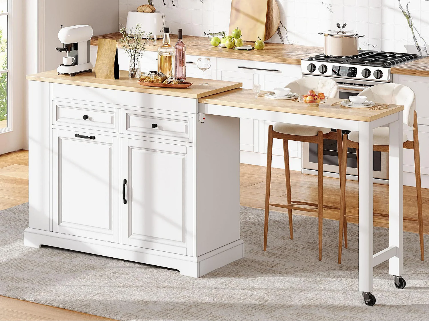 Îlot central de cuisine - table à manger extensible - avec armoire à poubelle et tiroirs - avec roulettes et espace de rangement - Blanc