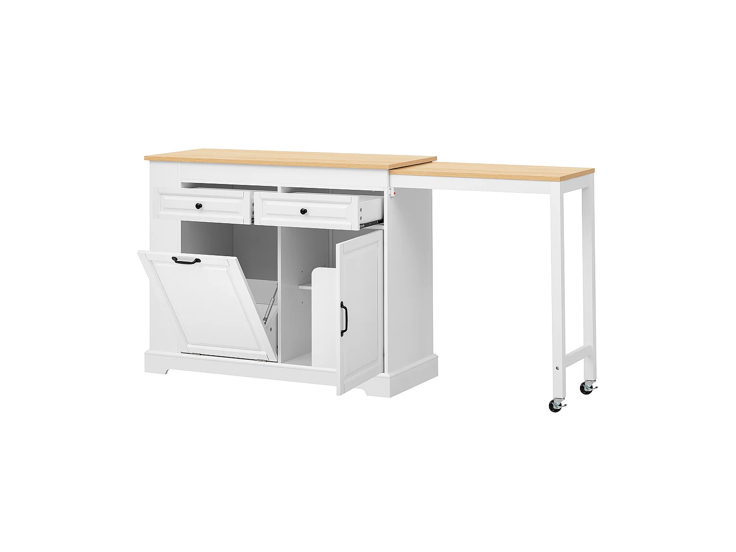 Îlot central de cuisine - table à manger extensible - avec armoire à poubelle et tiroirs - avec roulettes et espace de rangement - Blanc