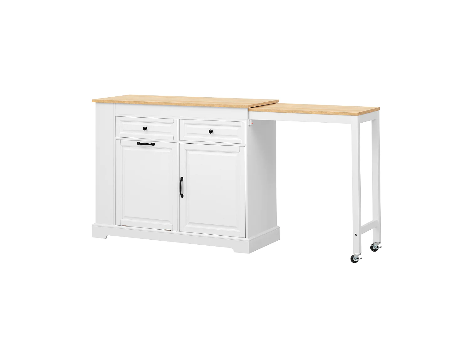 Îlot central de cuisine - table à manger extensible - avec armoire à poubelle et tiroirs - avec roulettes et espace de rangement - Blanc