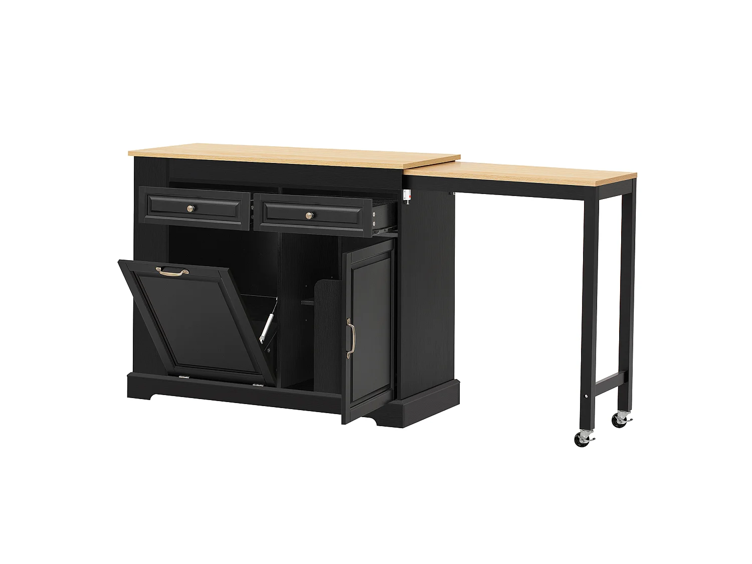 Îlot central de cuisine - table à manger extensible - avec armoire à poubelle et tiroirs - avec roulettes et espace de rangement - Noir
