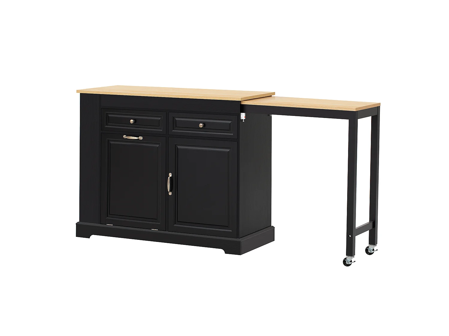Îlot central de cuisine - table à manger extensible - avec armoire à poubelle et tiroirs - avec roulettes et espace de rangement - Noir