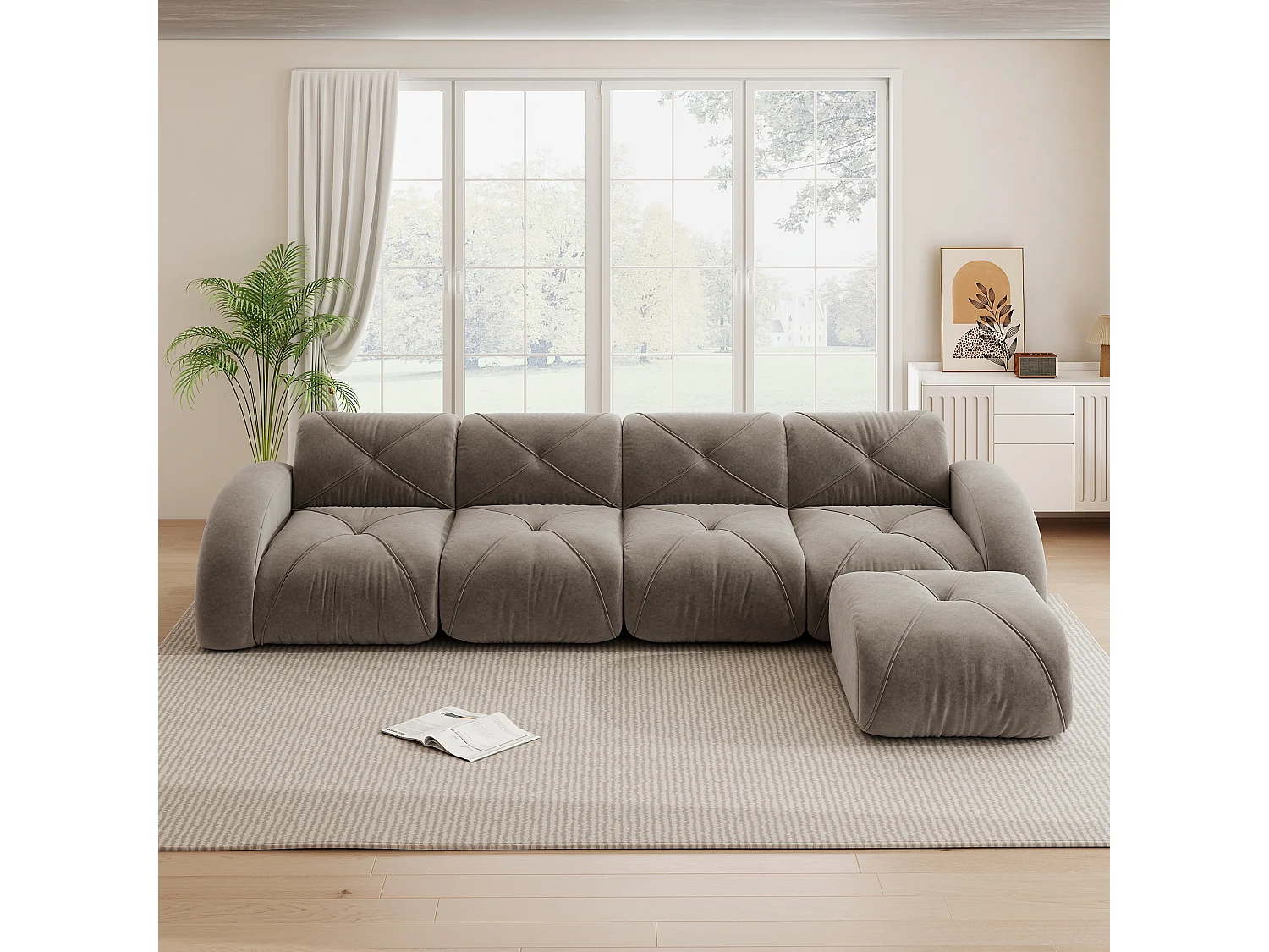 Canapé d'Angle Modulaire 4 Places avec Pouf en Chenille, Design Minimaliste sans Cadre, Assise Profonde et Flexible - Marron