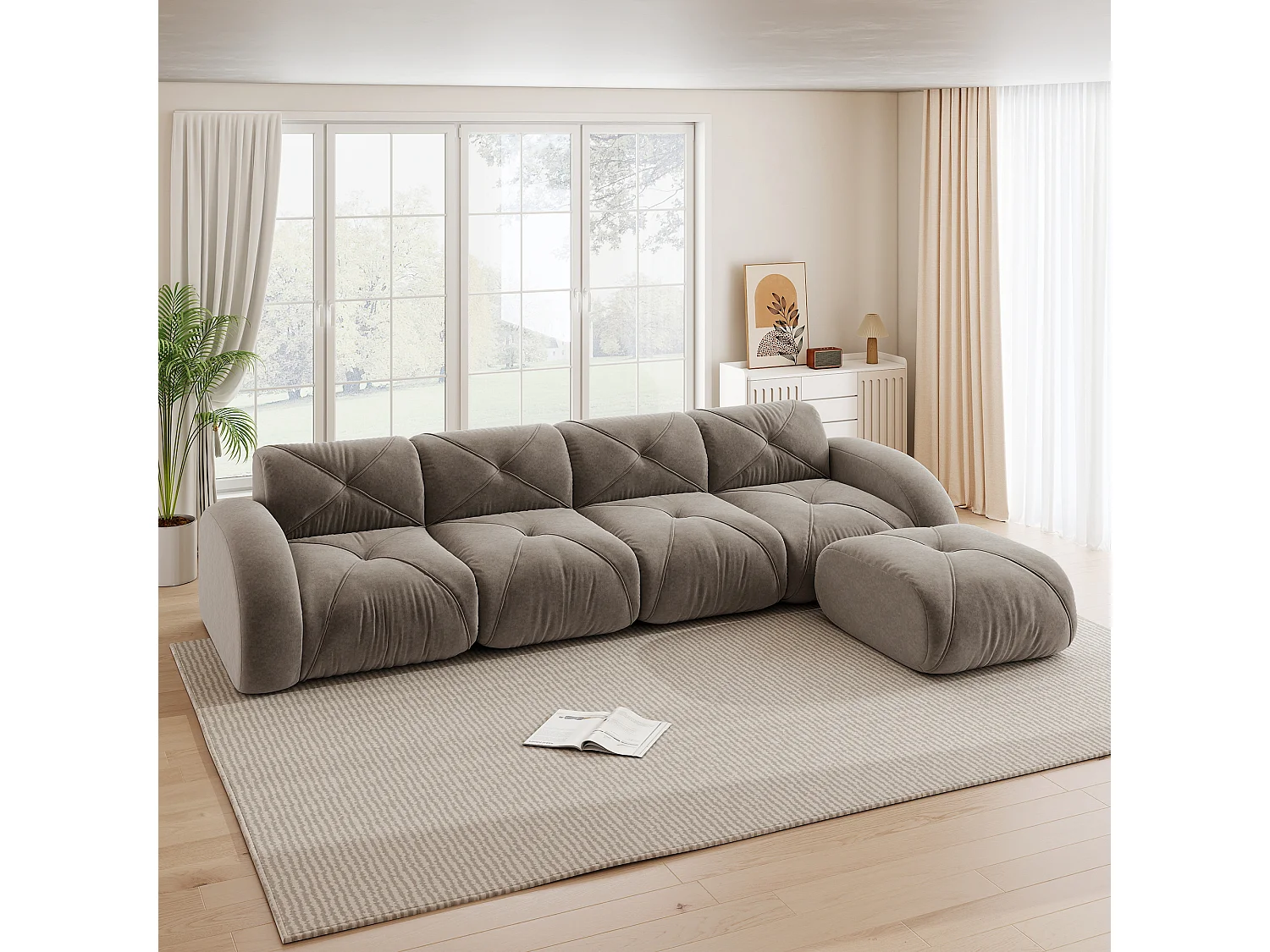Canapé d'Angle Modulaire 4 Places avec Pouf en Chenille, Design Minimaliste sans Cadre, Assise Profonde et Flexible - Marron
