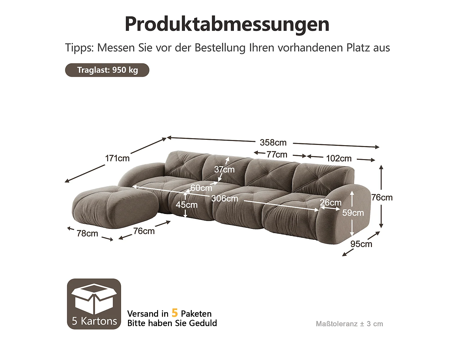 Canapé d'Angle Modulaire 4 Places avec Pouf en Chenille, Design Minimaliste sans Cadre, Assise Profonde et Flexible - Marron
