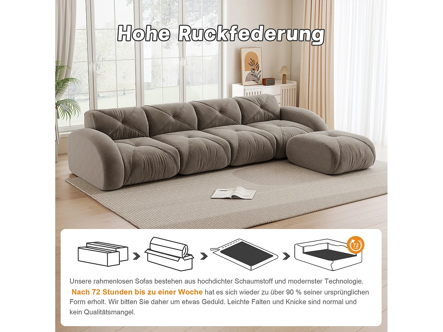 Canapé d'Angle Modulaire 4 Places avec Pouf en Chenille, Design Minimaliste sans Cadre, Assise Profonde et Flexible - Marron