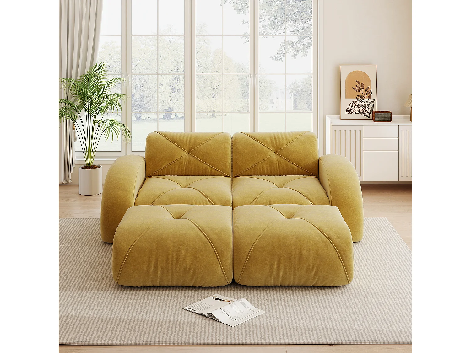 Canapé 2 Places Modulaire avec 2 Poufs en Chenille, Design Minimaliste sans Cadre, Assise Profonde et Flexible - Jaune