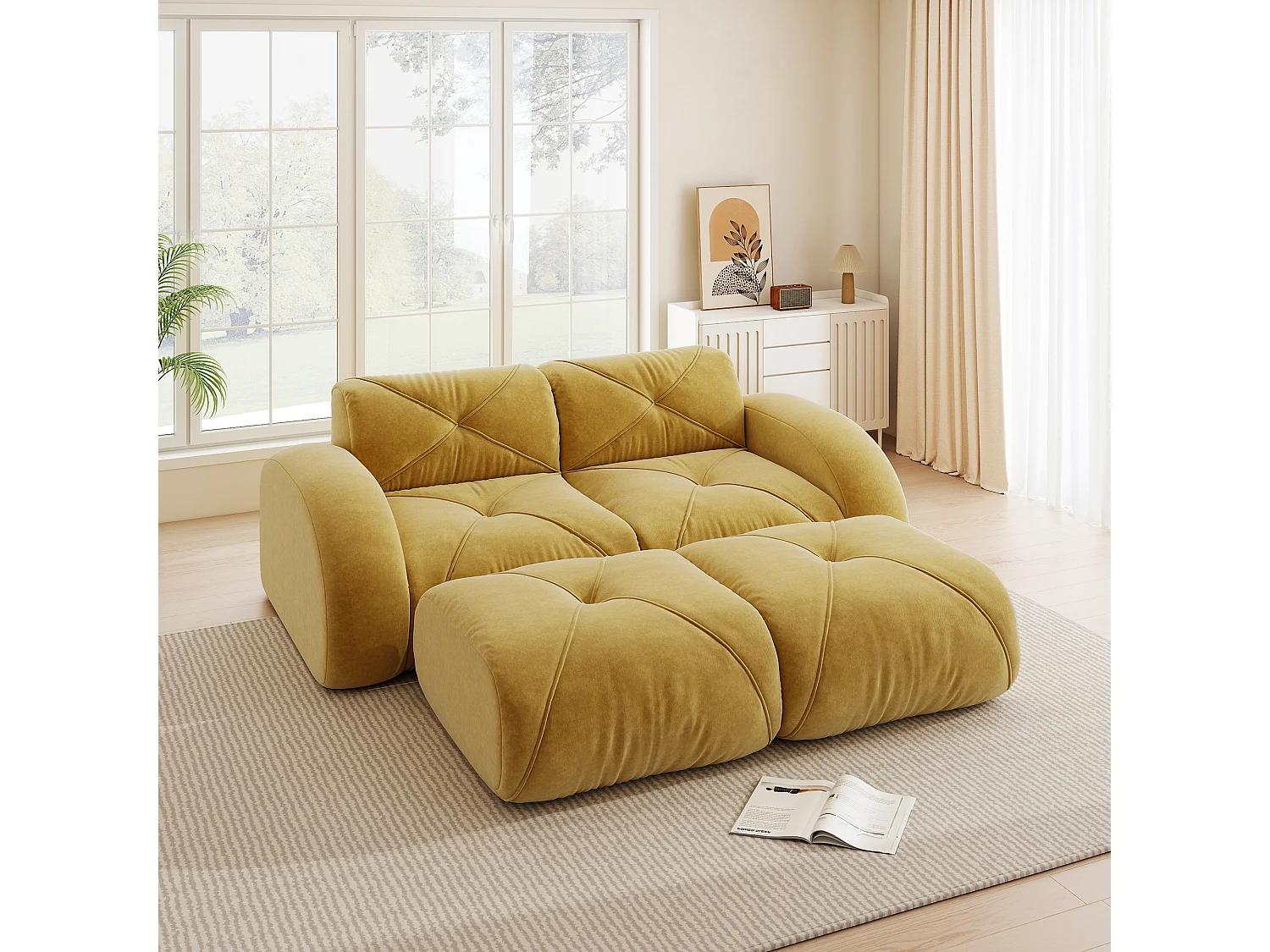 Canapé 2 Places Modulaire avec 2 Poufs en Chenille, Design Minimaliste sans Cadre, Assise Profonde et Flexible - Jaune