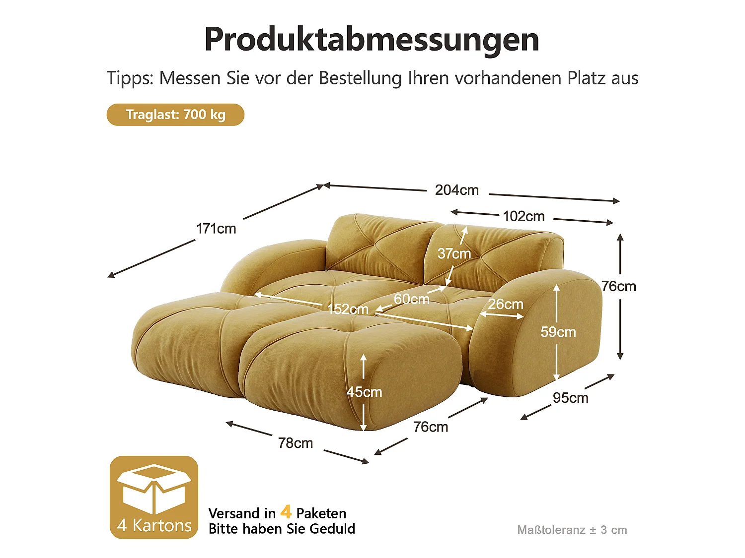 Canapé 2 Places Modulaire avec 2 Poufs en Chenille, Design Minimaliste sans Cadre, Assise Profonde et Flexible - Jaune