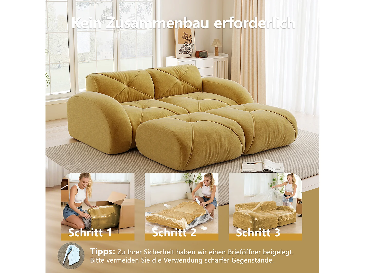 Canapé 2 Places Modulaire avec 2 Poufs en Chenille, Design Minimaliste sans Cadre, Assise Profonde et Flexible - Jaune