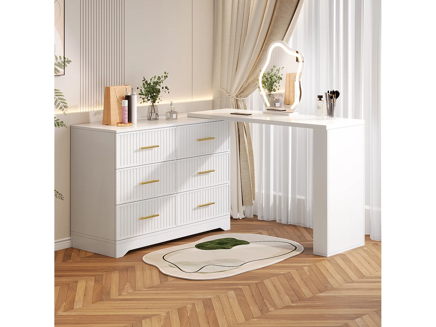 Svängbar sminkbord med spegel 110x40x129cm - med justerbar LED - med 6 lådor - öppna förvaringsfack - Vit