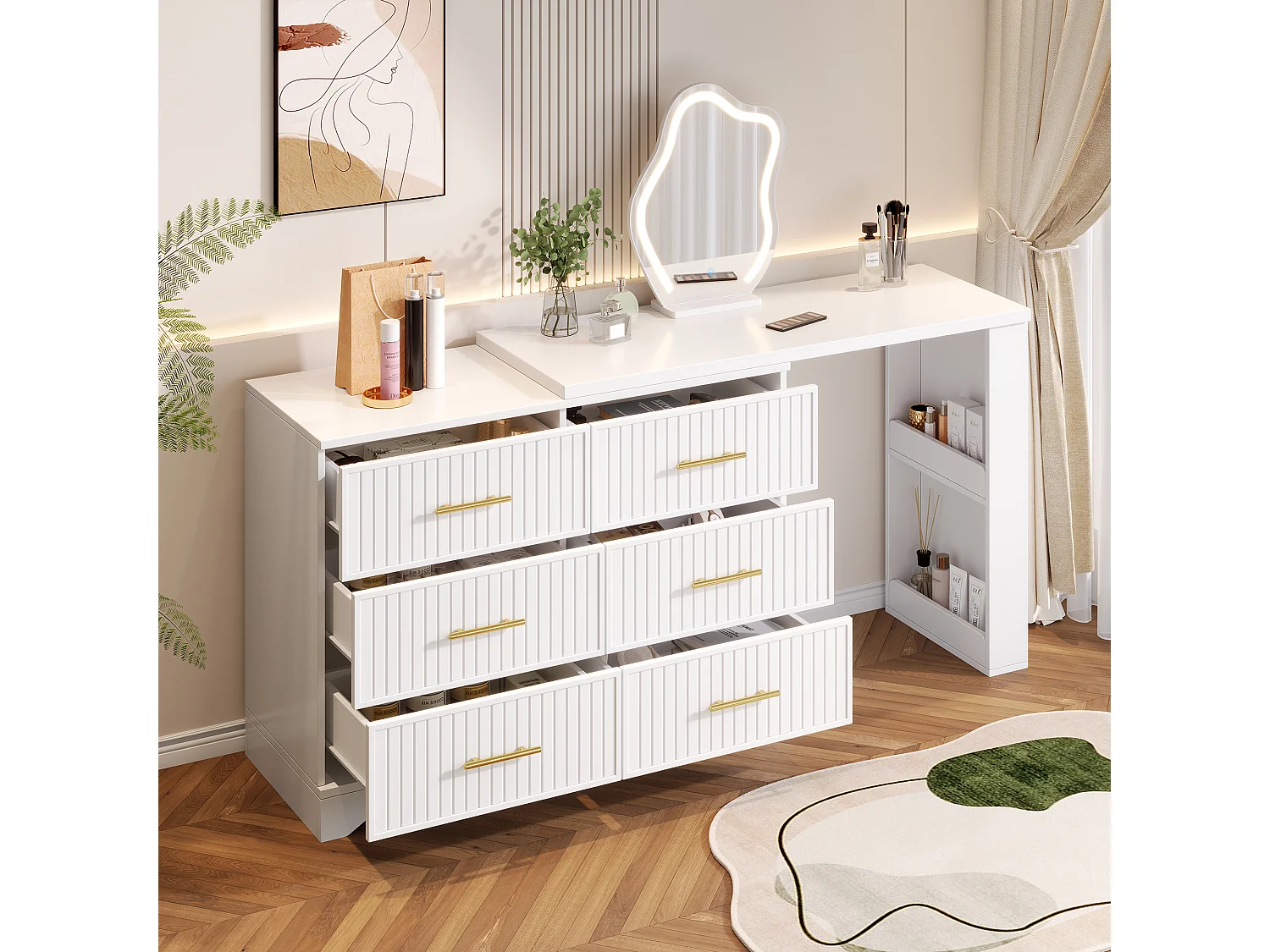 Svängbar sminkbord med spegel 110x40x129cm - med justerbar LED - med 6 lådor - öppna förvaringsfack - Vit