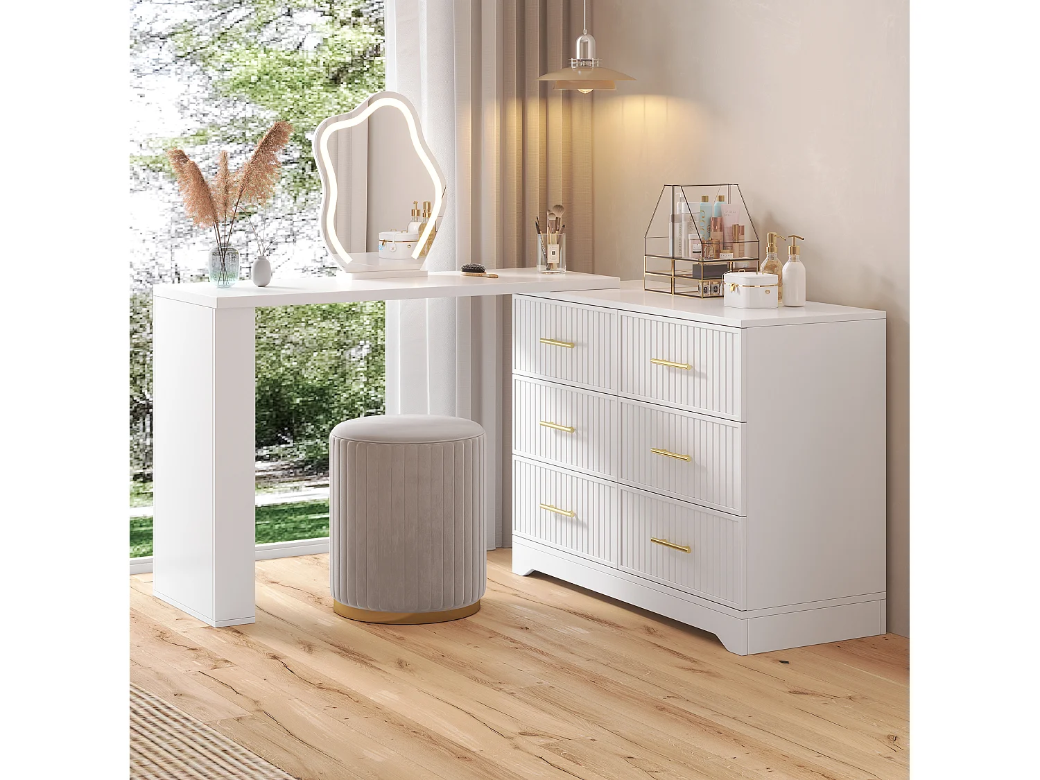 Svängbar sminkbord med spegel 110x40x129cm - med justerbar LED - med 6 lådor - öppna förvaringsfack - Vit