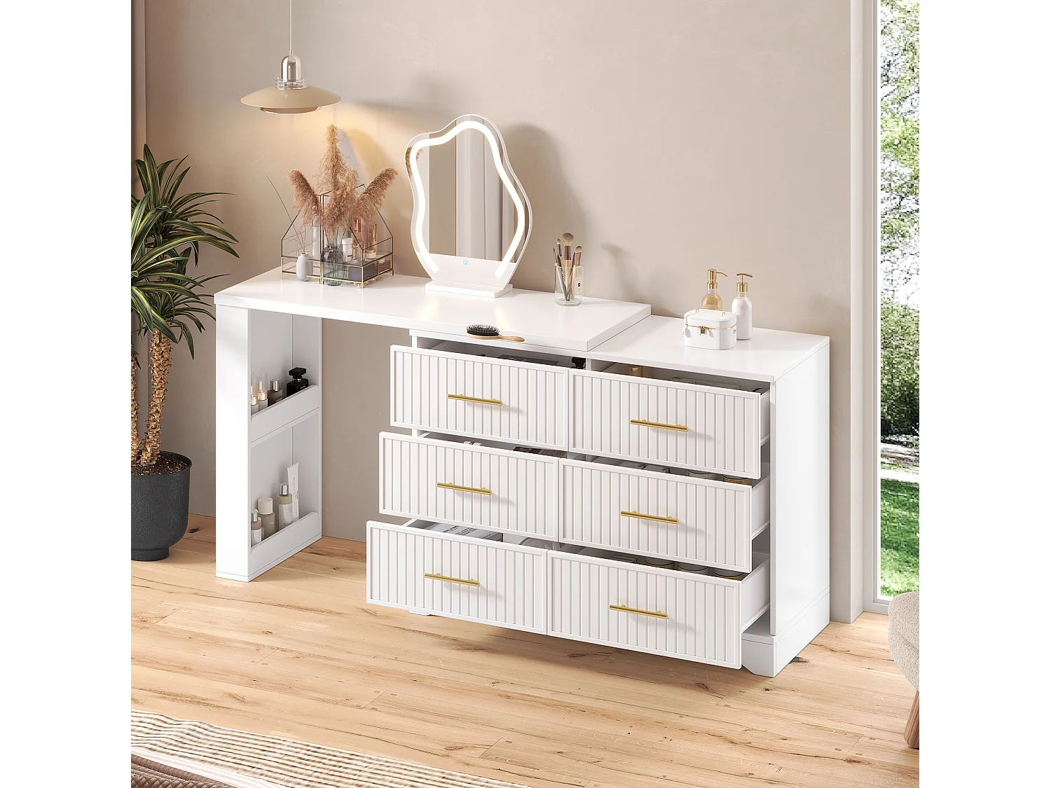 Svängbar sminkbord med spegel 110x40x129cm - med justerbar LED - med 6 lådor - öppna förvaringsfack - Vit