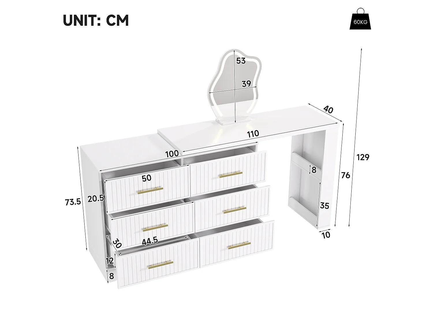 Svängbar sminkbord med spegel 110x40x129cm - med justerbar LED - med 6 lådor - öppna förvaringsfack - Vit