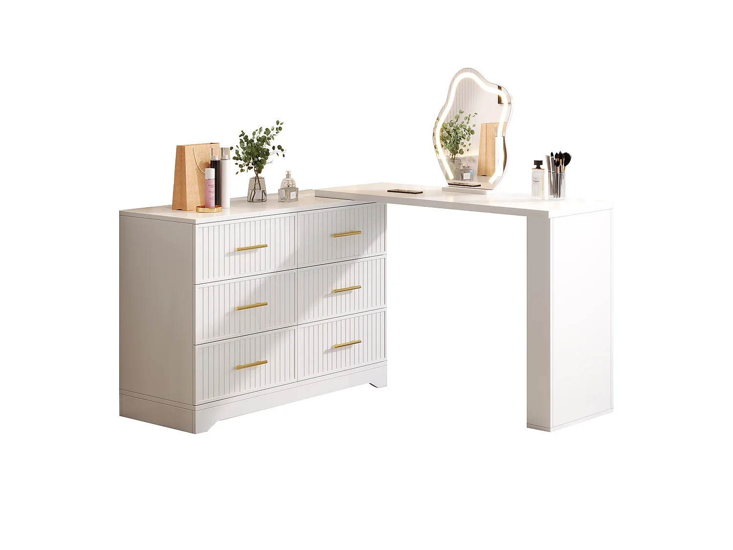 Svängbar sminkbord med spegel 110x40x129cm - med justerbar LED - med 6 lådor - öppna förvaringsfack - Vit