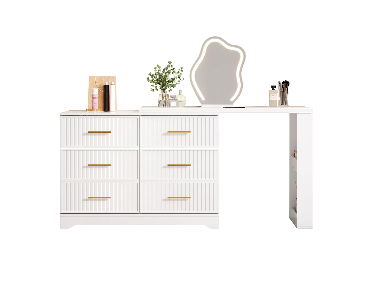 Svängbar sminkbord med spegel 110x40x129cm - med justerbar LED - med 6 lådor - öppna förvaringsfack - Vit