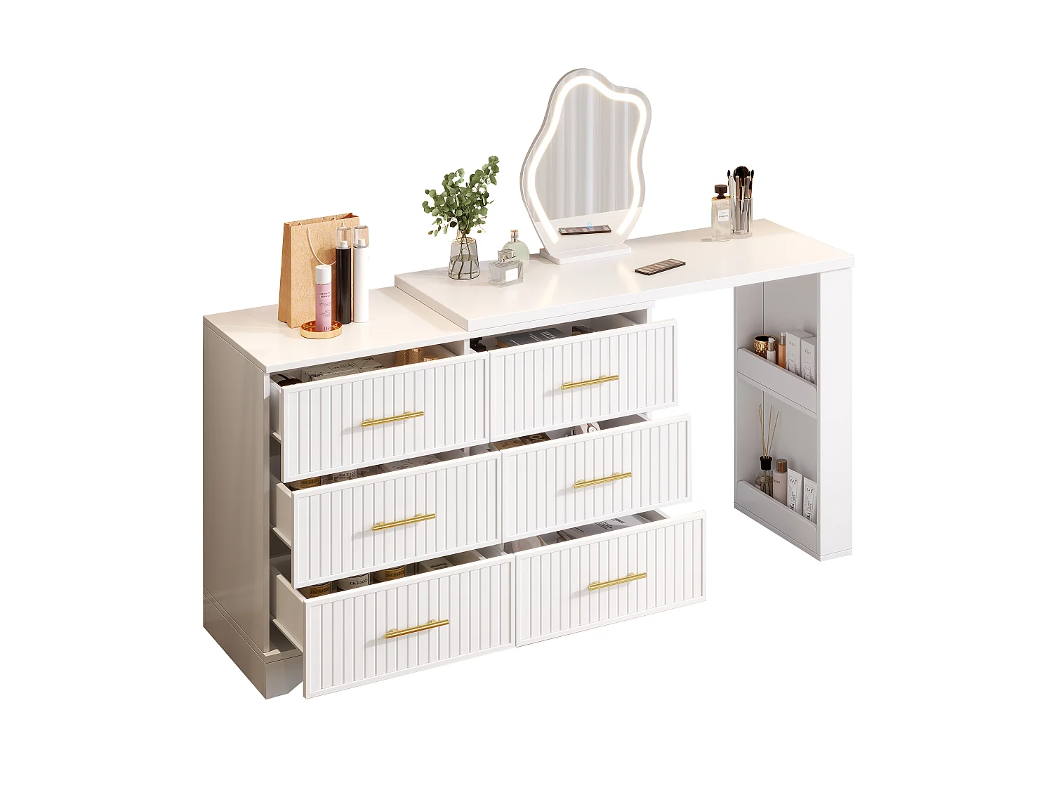 Svängbar sminkbord med spegel 110x40x129cm - med justerbar LED - med 6 lådor - öppna förvaringsfack - Vit