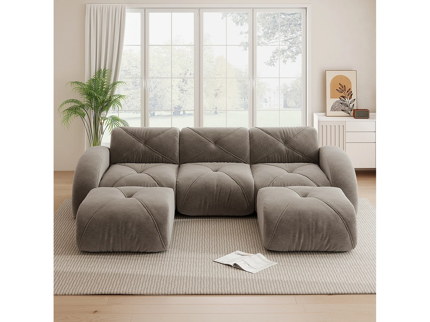 Canapé d'Angle Modulaire 3 Places avec 2 Poufs en Chenille, Design Minimaliste sans Cadre, Assise Profonde et Flexible - Marron
