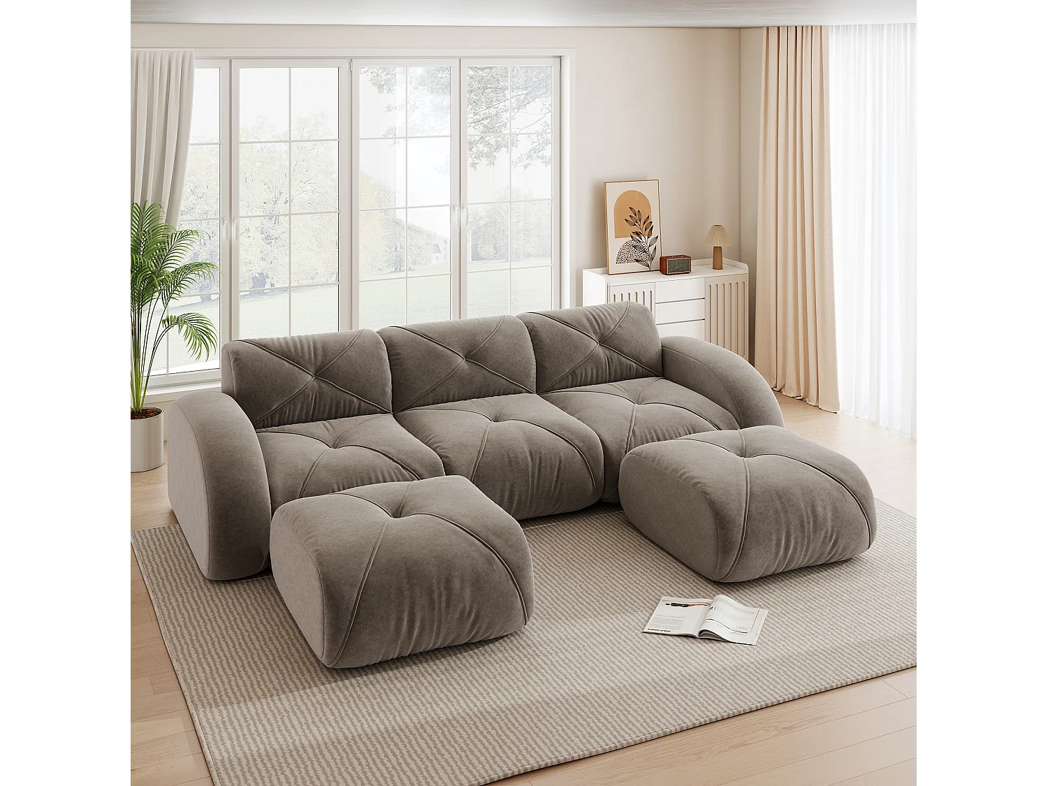 Canapé d'Angle Modulaire 3 Places avec 2 Poufs en Chenille, Design Minimaliste sans Cadre, Assise Profonde et Flexible - Marron