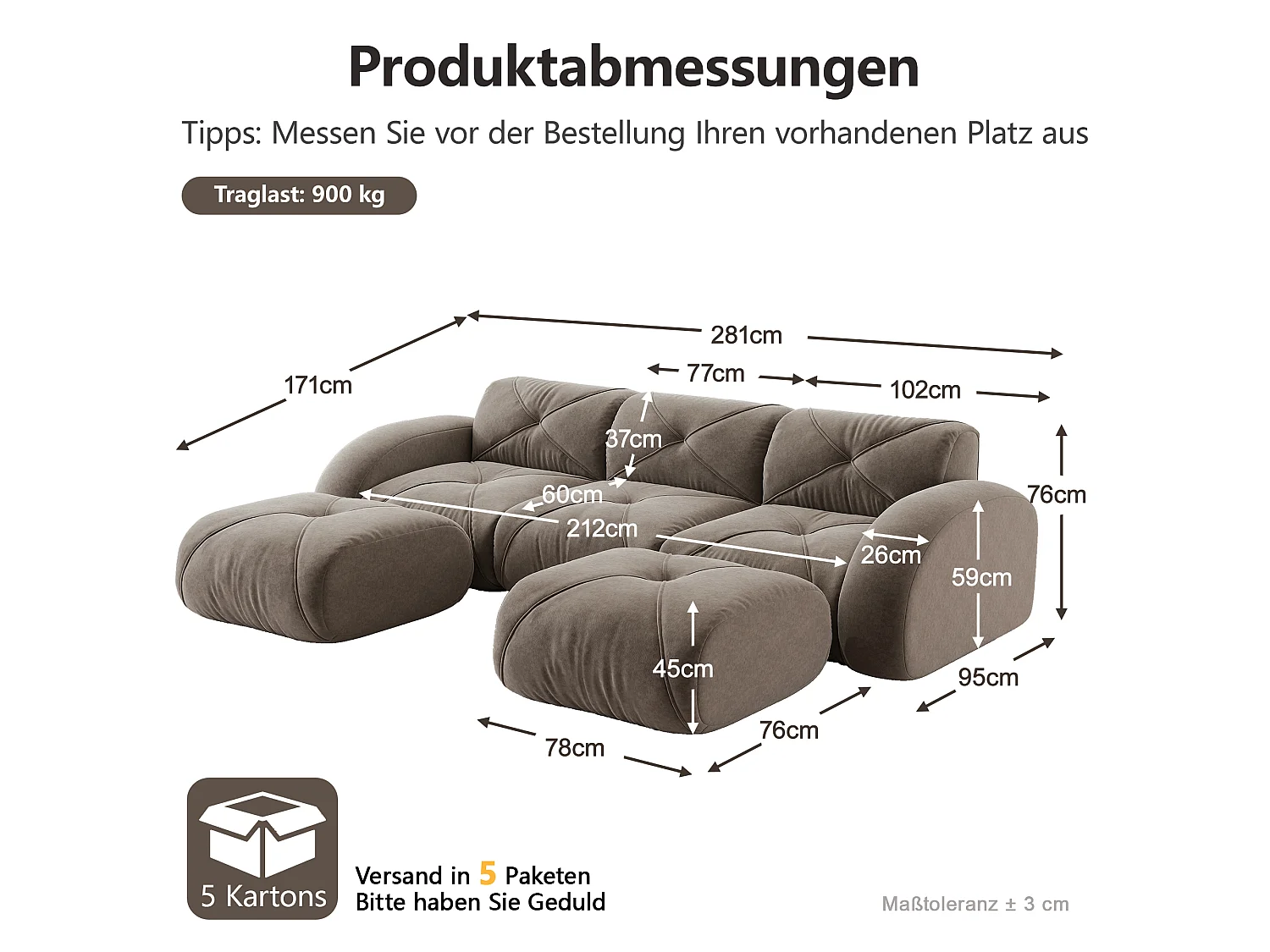 Canapé d'Angle Modulaire 3 Places avec 2 Poufs en Chenille, Design Minimaliste sans Cadre, Assise Profonde et Flexible - Marron