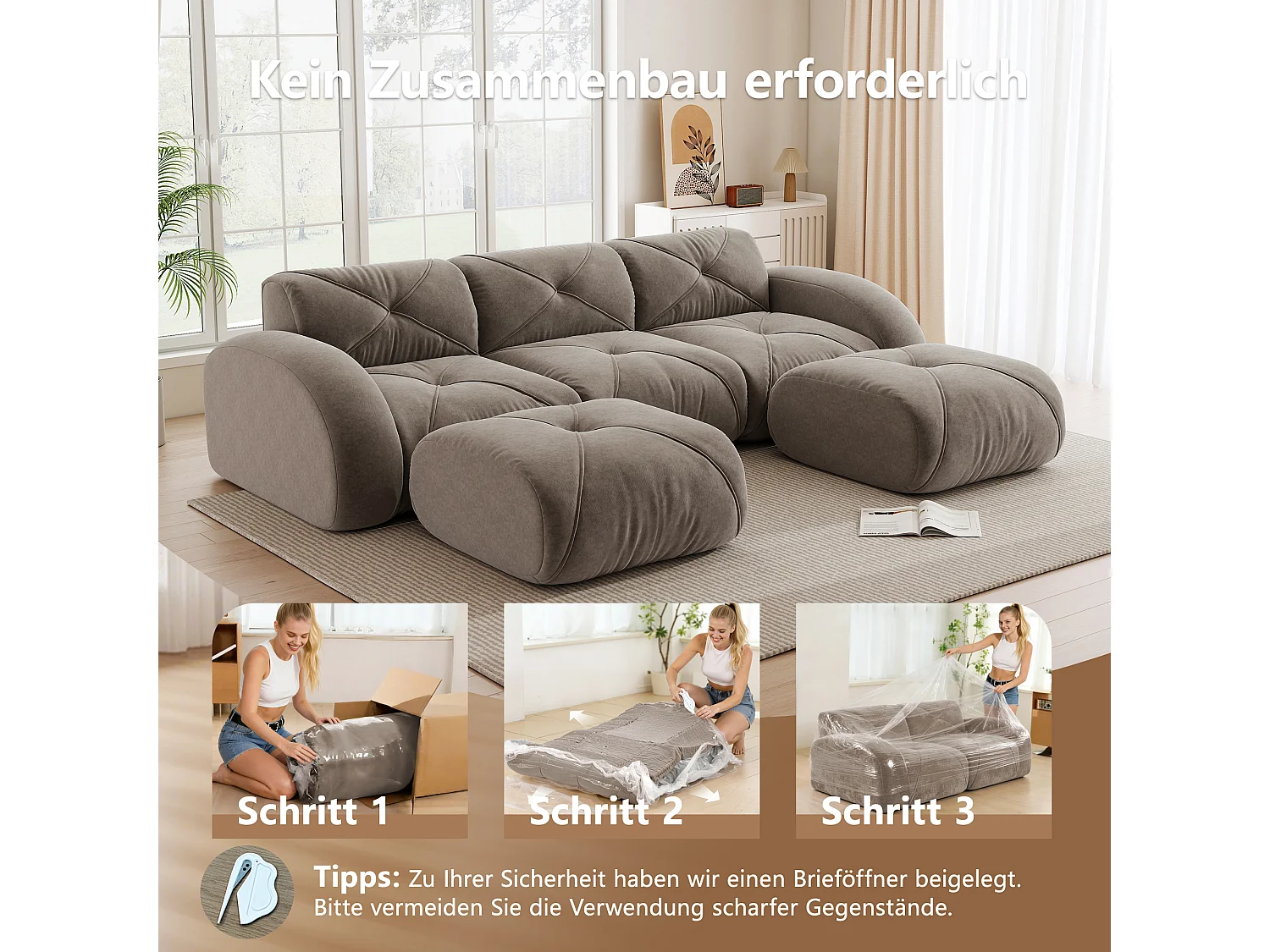 Canapé d'Angle Modulaire 3 Places avec 2 Poufs en Chenille, Design Minimaliste sans Cadre, Assise Profonde et Flexible - Marron
